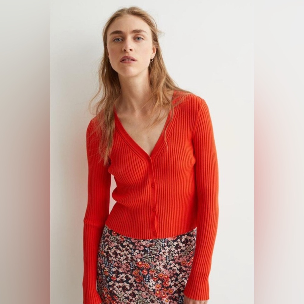 H&M Orange Ribbed Cropped Cardigan
